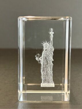 Clear Crystal Glass Art Block with White 3D Engraved Figure